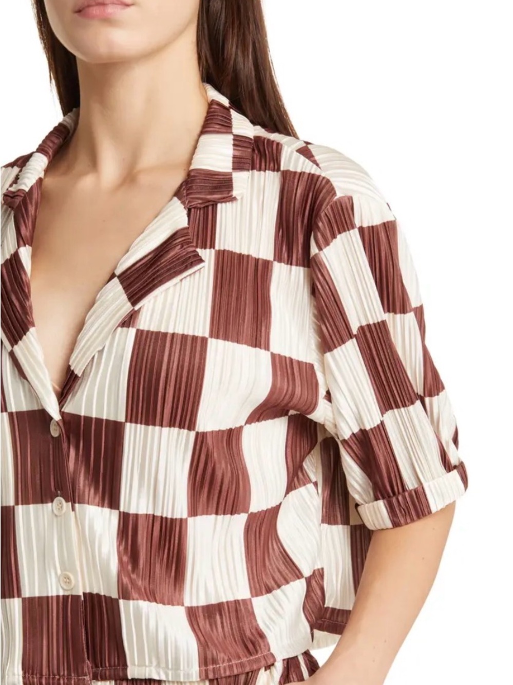 Dressed in Lala checkered mocha latte plisse crop top size L